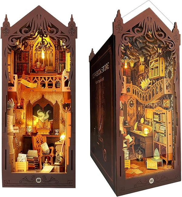 DIY Book Nook Kit, Dollhouse Wooden Mini House Kit, 3D Wooden Puzzle Book Nook Kit with Sensor Led Lights, Bookshelf Insert Decoration for People from 14 Years