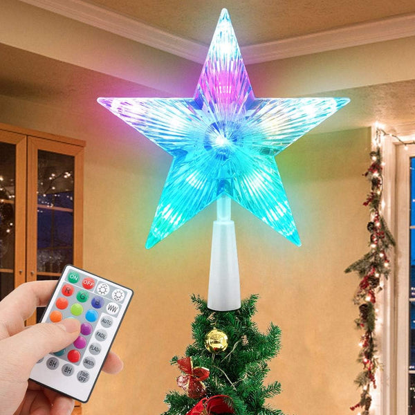 Christmas Tree Topper Star 7" LED Lighted Star Tree Top, Remote Control, 5-Point Star RGB Night Light Treetop, Small Xmas Tree Decor for Christmas, USB Plug in/Wire 9.84Ft