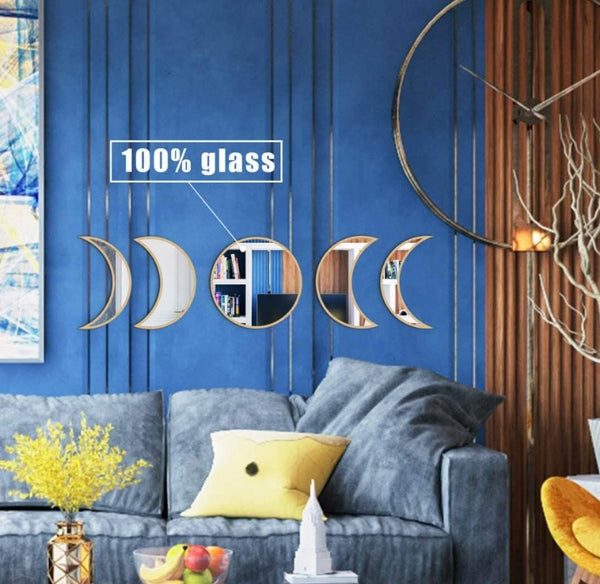 Moon Phase Mirror Set, Wall-Mounted Wall Decor Mirror, Boho Accents Room Decoration, Scandinavian Natural Wall Hanging Glass Moon Mirror Wall Decorative for Bedroom, Living Room, Punchless(Beige)